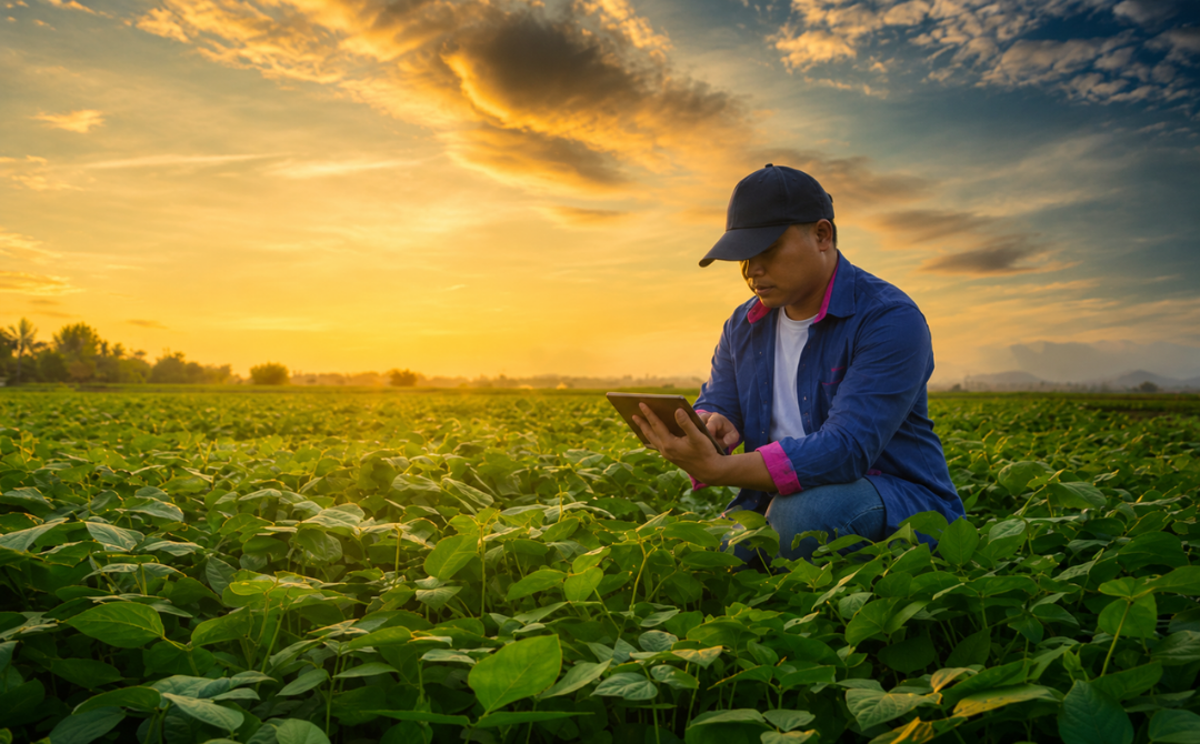 Produtor no campo usando tablet